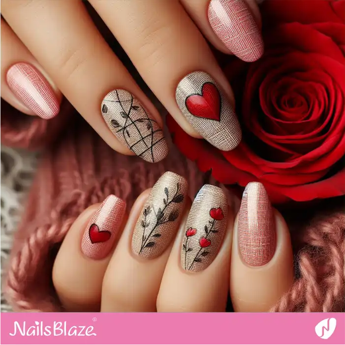 Faux Linen Nails with Hearts for Love Day | Valentine Nails - NB2329